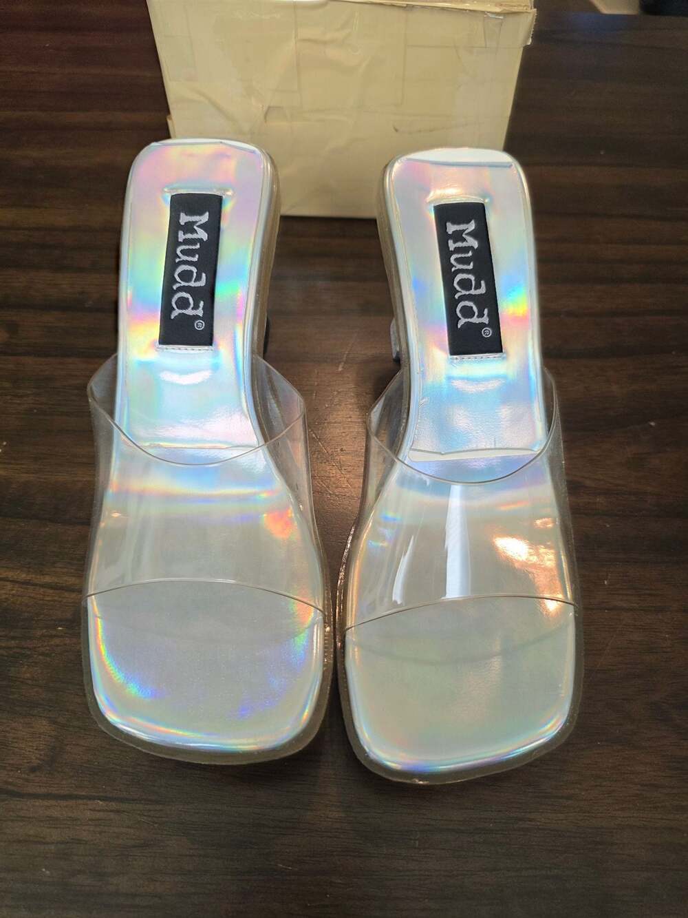 Vintage Mudd Iridescent Holographic Clear Strap Chunky Heel Mules Sandals Sz 9M